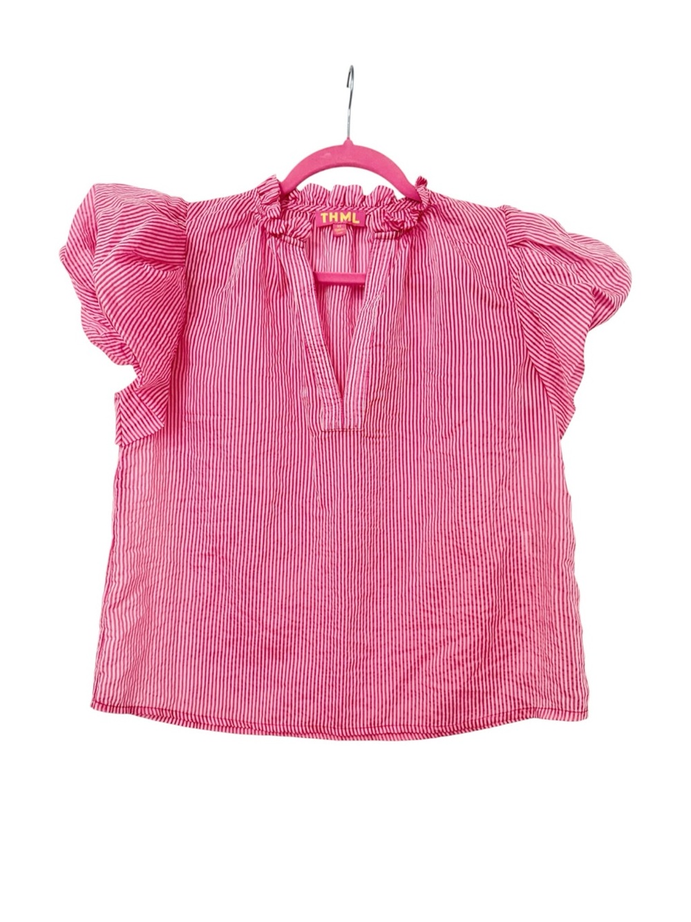 THML Hot Pink Striped Ruffle/Puff Sleeve Vneck Blouse, Never Worn, EUC, SIZE XS.